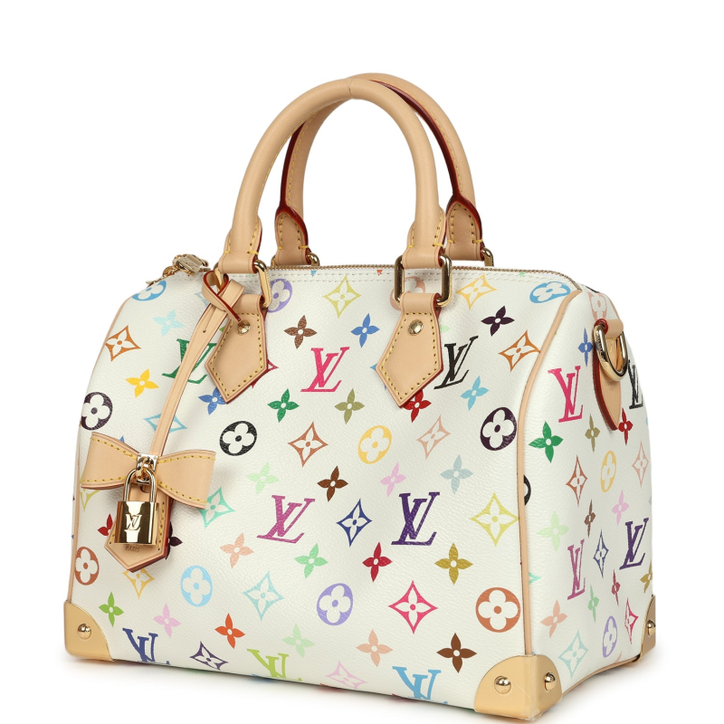 LOUIS VUITTON X TAKASHI MURAKAMI SPEEDY 25 BANDOULIERE WHITE MULTICOLORED MONOGRAM GOLD HARDWARE