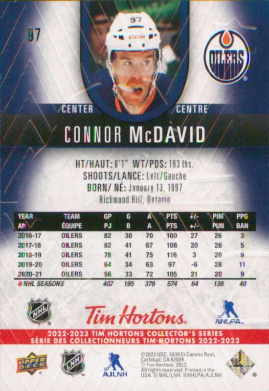 UPPER DECK TIM HORTONS CONNOR MCDAVID 97 EDMONTON OILERS HOCKEY CARD 2022-23