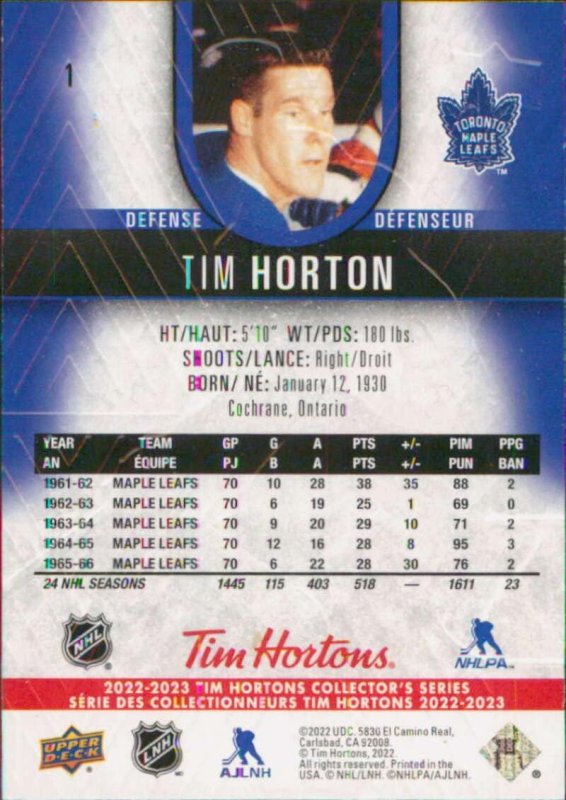 UPPER DECK TIM HORTONS 1 TIM HORTON TORONTO MAPLE LEAFS HOCKEY CARD COLLECTIBLE 2022-23