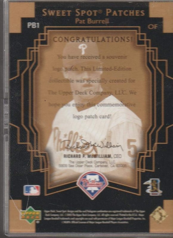 UPPER DECK SWEET SPOT PAT BURRELL BASEBALL CARD PB1 WITH PATCHES - RARE COLLECTIBLE 2003