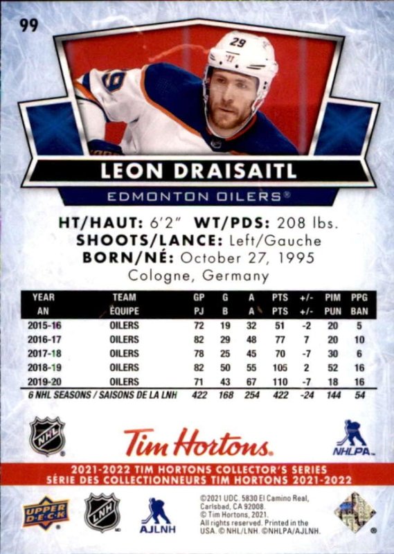 UPPER DECK TIM HORTONS 99 LEON DRAISAITL EDMONTON OILERS HOCKEY TRADING CARD 2021-22