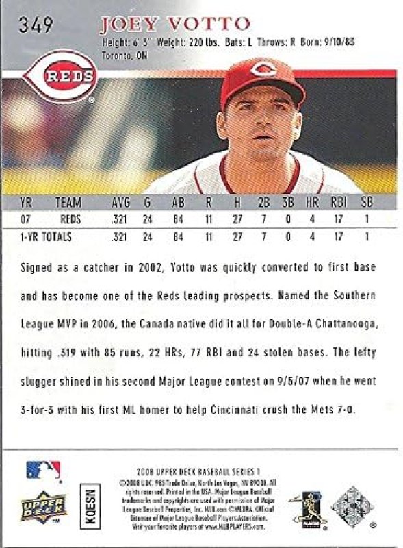 UPPER DECK ROOKIE BASEBALL CARD 349 CINCINNATI REDS FREE SHIPPING JOEY VOTTO 2008