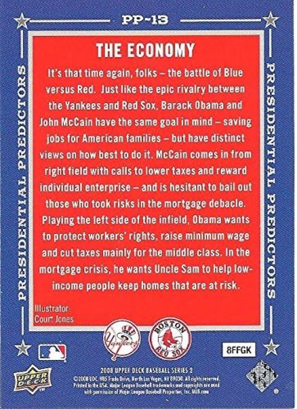 UPPER DECK PRESIDENTIAL PREDICTORS BASEBALL CARD PP-13 OBAMA VS MCCAIN ECONOMY FREE SHIP 2008