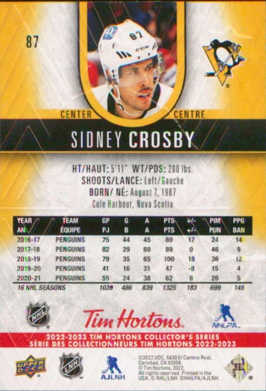 UPPER DECK TIM HORTONS SIDNEY CROSBY 87 PITTSBURGH PENGUINS HOCKEY CARD 2022-23