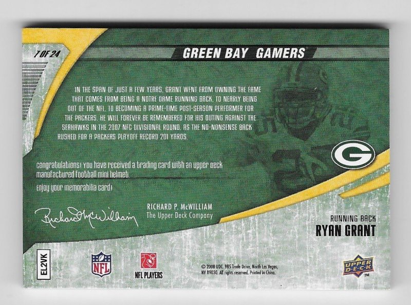 UPPER DECK MINI HELMET PATCH FOOTBALL CARD 1 24 GREEN BAY PACKERS FREE SHIP RYAN GRANT 2008