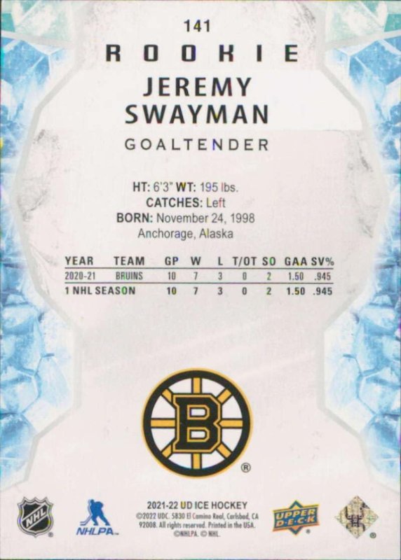 UPPER DECK ICE 141 JEREMY SWAYMAN BOSTON BRUINS ROOKIE HOCKEY CARD 2021-22