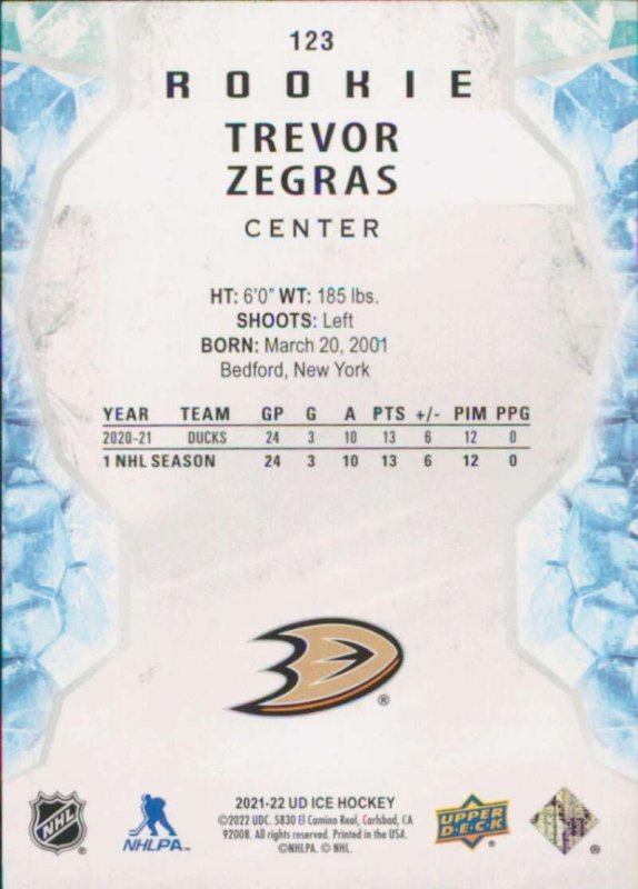 UPPER DECK ICE 123 TREVOR ZEGRAS ANAHEIM DUCKS ROOKIE HOCKEY CARD 2021-22