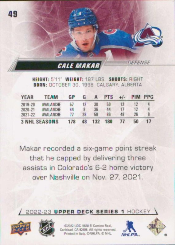 UPPER DECK 49 CALE MAKAR COLORADO AVALANCHE NHL HOCKEY TRADING CARD 2022-23