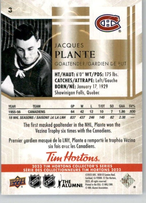 UPPER DECK TIM HORTONS LEGENDS 3 JACQUES PLANTE MONTREAL CANADIENS HOCKEY CARD 2023