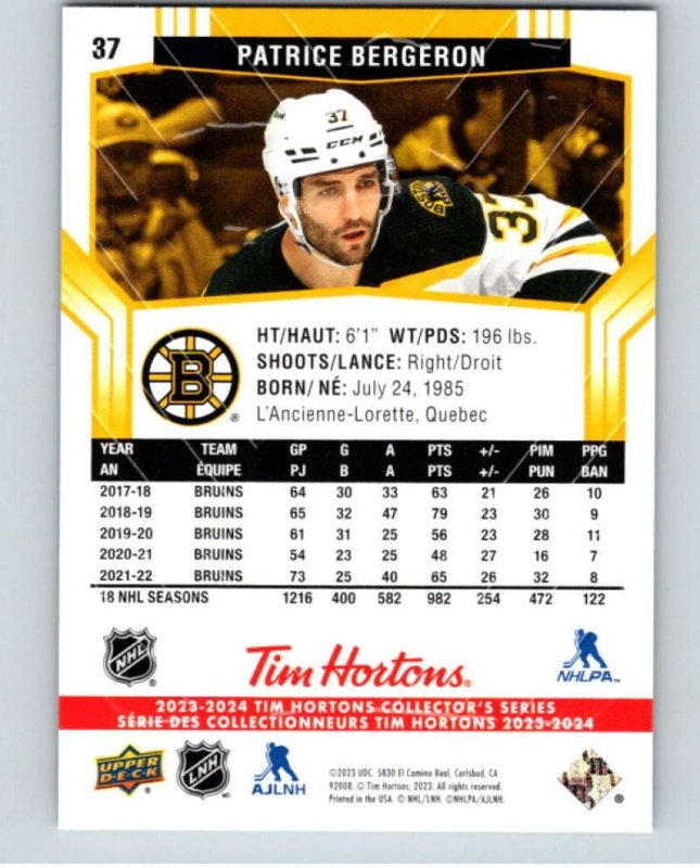UPPER DECK TIM HORTONS PATRICE BERGERON 37 BOSTON BRUINS HOCKEY CARD - SPORTSCARD SUPERSTORE 2023-24