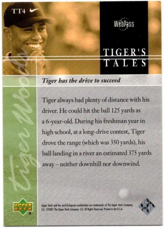 UPPER DECK COLLECTIBLE GOLF CARD TT4 FREE SHIPPING TIGER WOODS TIGERS TALES 2001