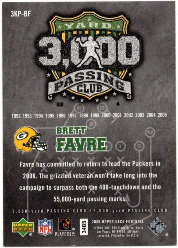 UPPER DECK 3KP-BF GREEN BAY PACKERS 3,000 YARD PASSING CLUB CARD FREE SHIP BRETT FAVRE 2006