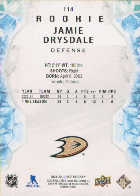 UPPER DECK ICE 114 JAMIE DRYSDALE ANAHEIM DUCKS ROOKIE HOCKEY CARD 2021-22