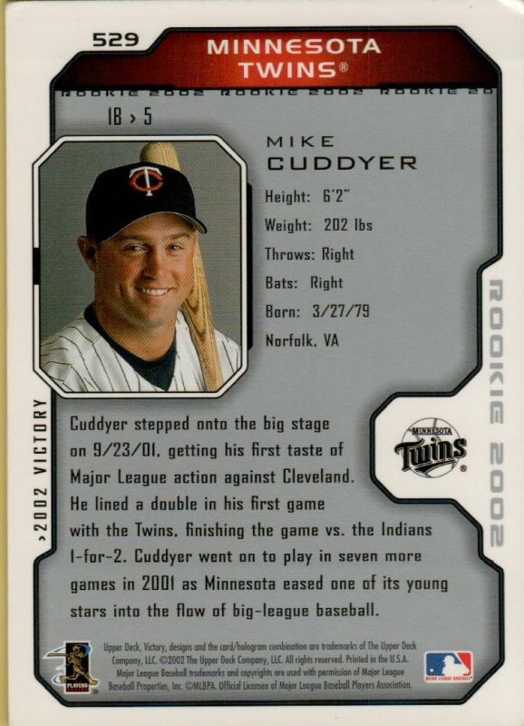 UPPER DECK BASEBALL CARD 529 MINNESOTA TWINS - FREE SHIPPING MICHAEL CUDDYER 2002