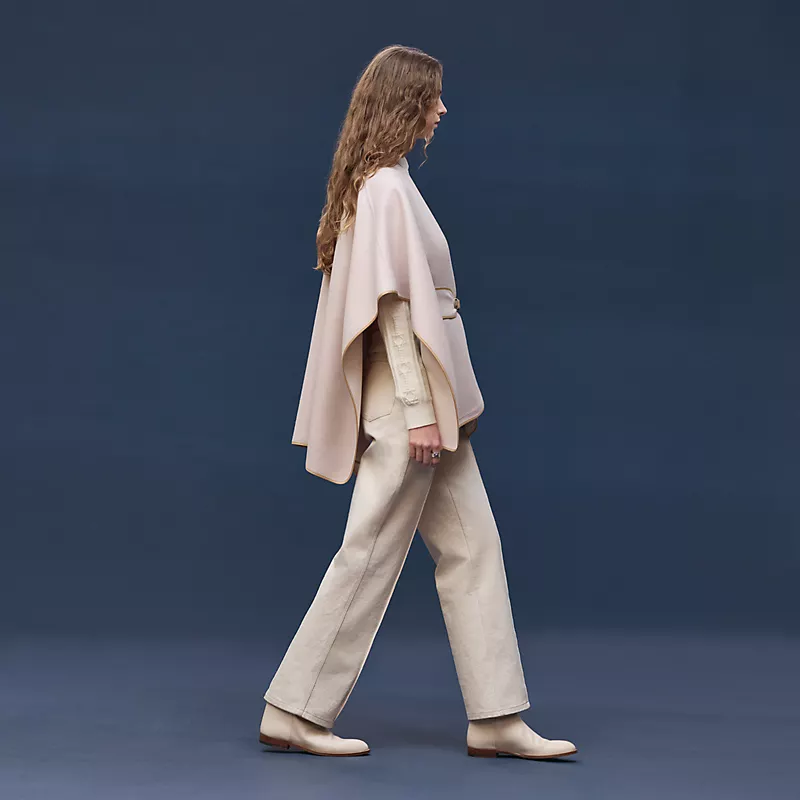 HERMES CASHMERE CAPE WITH BELT AND LEATHER DETAIL BEIGE NATUREL
