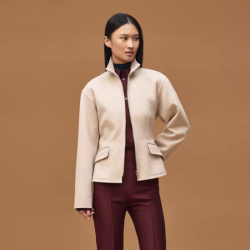 HERMES SHORT EQUESTRIAN CASHMERE COAT BEIGE NATUREL
