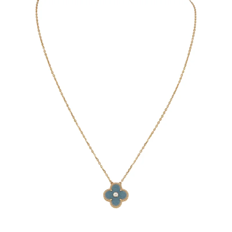 VAN CLEEF & ARPELS 2026 HOLIDAY VINTAGE ALHAMBRA PENDANT NECKLACE BLUE GREY SEVRES PORCELAIN 18K YELLOW GOLD & DIAMONDS