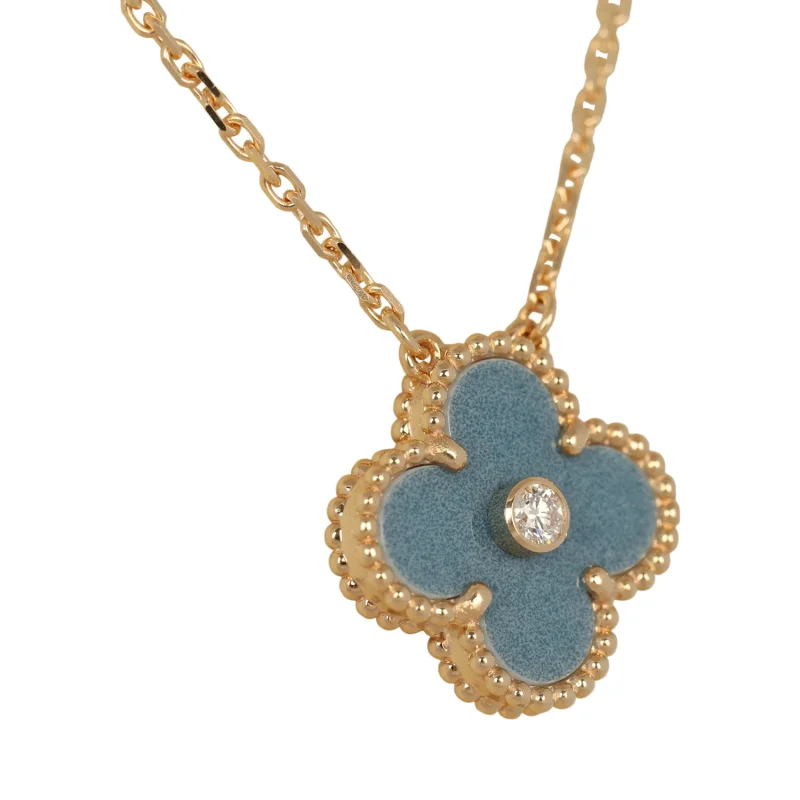 VAN CLEEF & ARPELS 2026 HOLIDAY VINTAGE ALHAMBRA PENDANT NECKLACE BLUE GREY SEVRES PORCELAIN 18K YELLOW GOLD & DIAMONDS