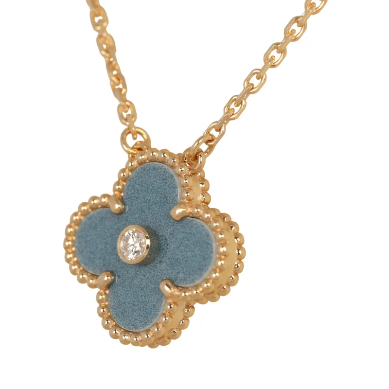 VAN CLEEF & ARPELS 2026 HOLIDAY VINTAGE ALHAMBRA PENDANT NECKLACE BLUE GREY SEVRES PORCELAIN 18K YELLOW GOLD & DIAMONDS