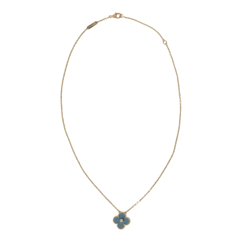 VAN CLEEF & ARPELS 2026 HOLIDAY VINTAGE ALHAMBRA PENDANT NECKLACE BLUE GREY SEVRES PORCELAIN 18K YELLOW GOLD & DIAMONDS