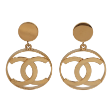 CHANEL CC ROUND LOGO DROP CLIP ON EARRINGS GOLD PLATED HARDWARE