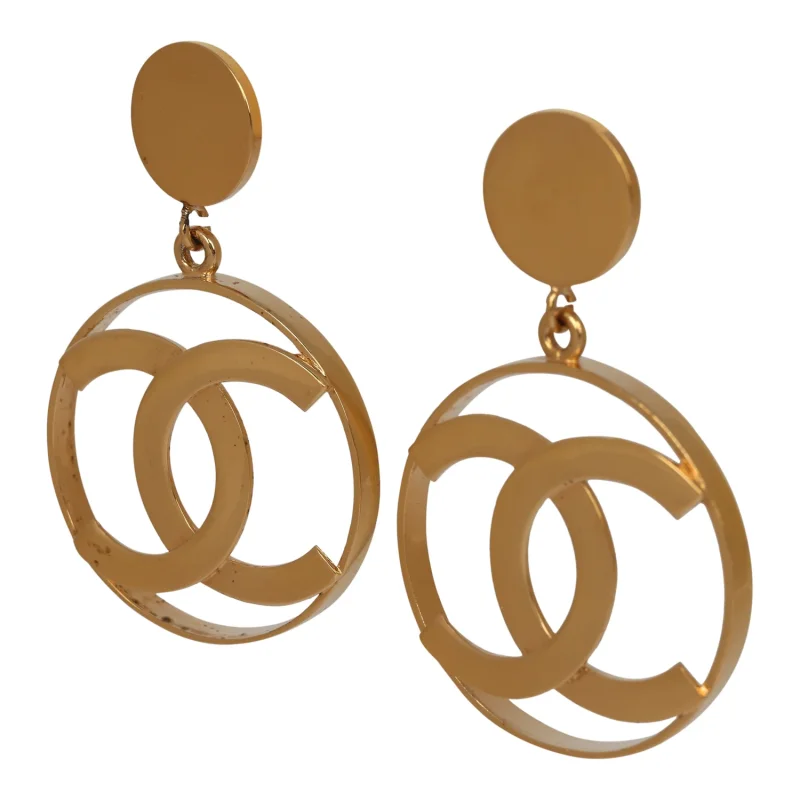 CHANEL CC ROUND LOGO DROP CLIP ON EARRINGS GOLD PLATED HARDWARE