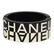 CHANEL LOGO HINGED BANGLE BRACELET BLACK, WHITE RESIN SILVER HARDWARE