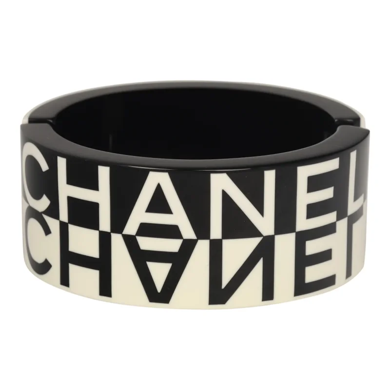 CHANEL LOGO HINGED BANGLE BRACELET BLACK, WHITE RESIN SILVER HARDWARE