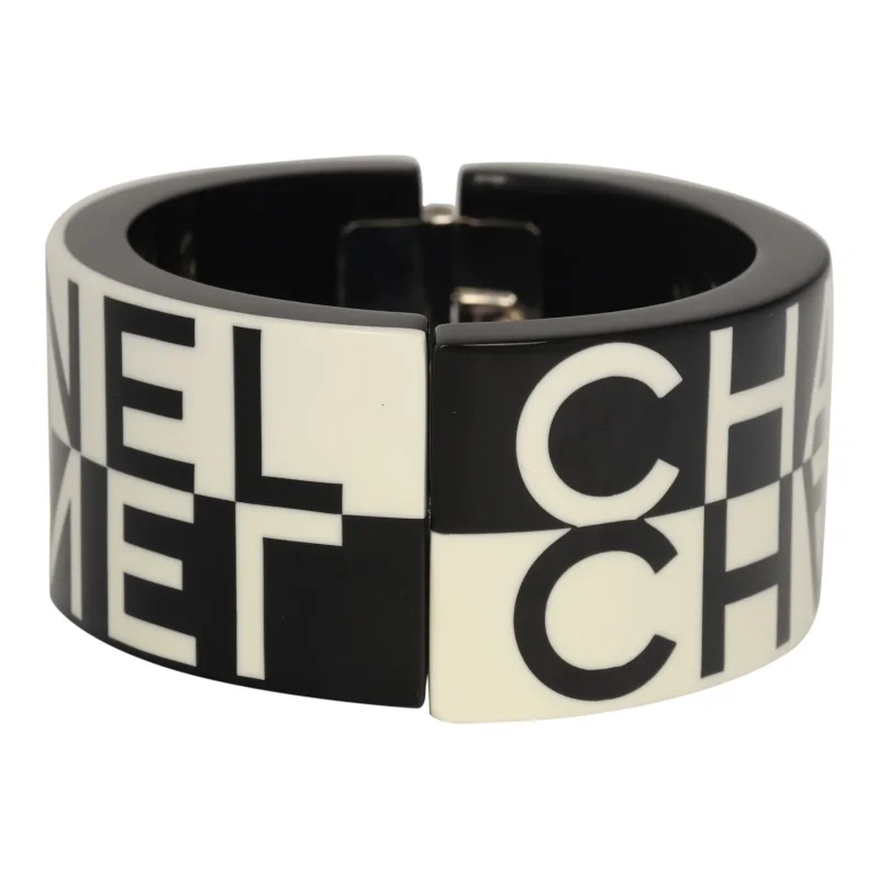 CHANEL LOGO HINGED BANGLE BRACELET BLACK, WHITE RESIN SILVER HARDWARE