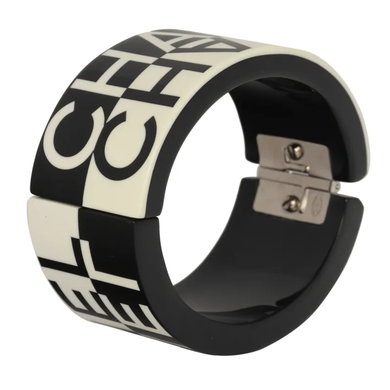 CHANEL LOGO HINGED BANGLE BRACELET BLACK, WHITE RESIN SILVER HARDWARE