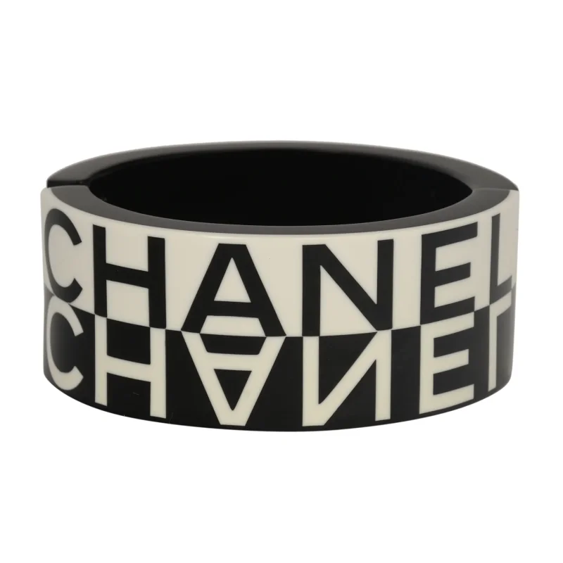 CHANEL LOGO HINGED BANGLE BRACELET BLACK, WHITE RESIN SILVER HARDWARE