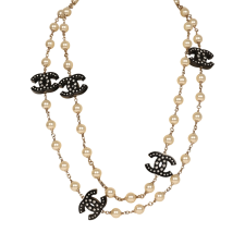 CHANEL CRYSTAL CC PEARL CHAIN LINK LONG NECKLACE BLACK, RESIN, LIGHT GOLD TONE HARDWARE