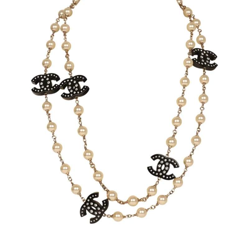 CHANEL CRYSTAL CC PEARL CHAIN LINK LONG NECKLACE BLACK, RESIN, LIGHT GOLD TONE HARDWARE