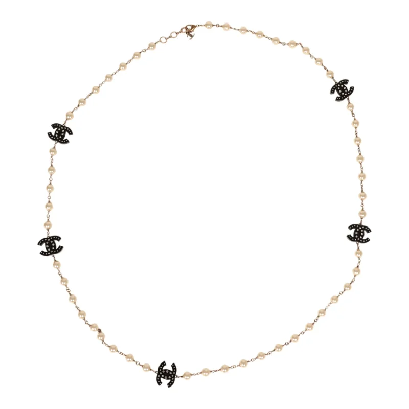 CHANEL CRYSTAL CC PEARL CHAIN LINK LONG NECKLACE BLACK, RESIN, LIGHT GOLD TONE HARDWARE