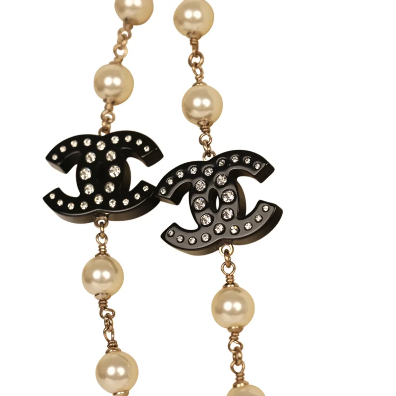 CHANEL CRYSTAL CC PEARL CHAIN LINK LONG NECKLACE BLACK, RESIN, LIGHT GOLD TONE HARDWARE