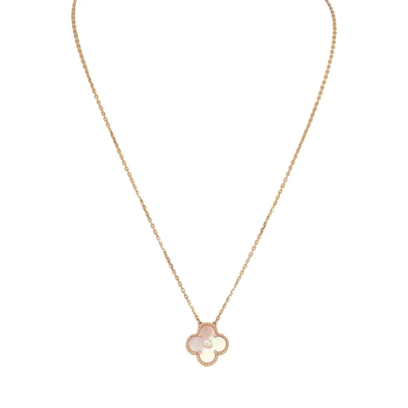 VAN CLEEF & ARPELS 2025 HOLIDAY VINTAGE ALHAMBRA PENDANT NECKLACE PINK MOTHER OF PEARL 18K ROSE GOLD & DIAMONDS
