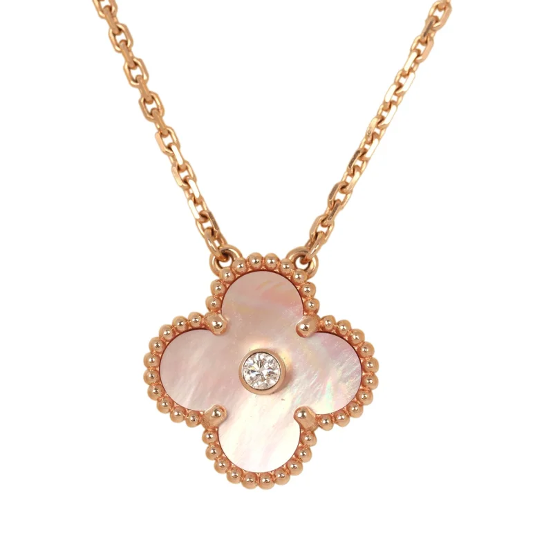VAN CLEEF & ARPELS 2025 HOLIDAY VINTAGE ALHAMBRA PENDANT NECKLACE PINK MOTHER OF PEARL 18K ROSE GOLD & DIAMONDS