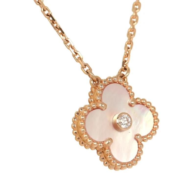 VAN CLEEF & ARPELS 2025 HOLIDAY VINTAGE ALHAMBRA PENDANT NECKLACE PINK MOTHER OF PEARL 18K ROSE GOLD & DIAMONDS