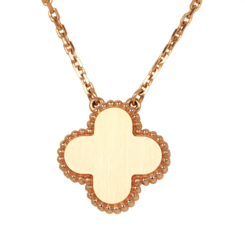 VAN CLEEF & ARPELS 2025 HOLIDAY VINTAGE ALHAMBRA PENDANT NECKLACE PINK MOTHER OF PEARL 18K ROSE GOLD & DIAMONDS