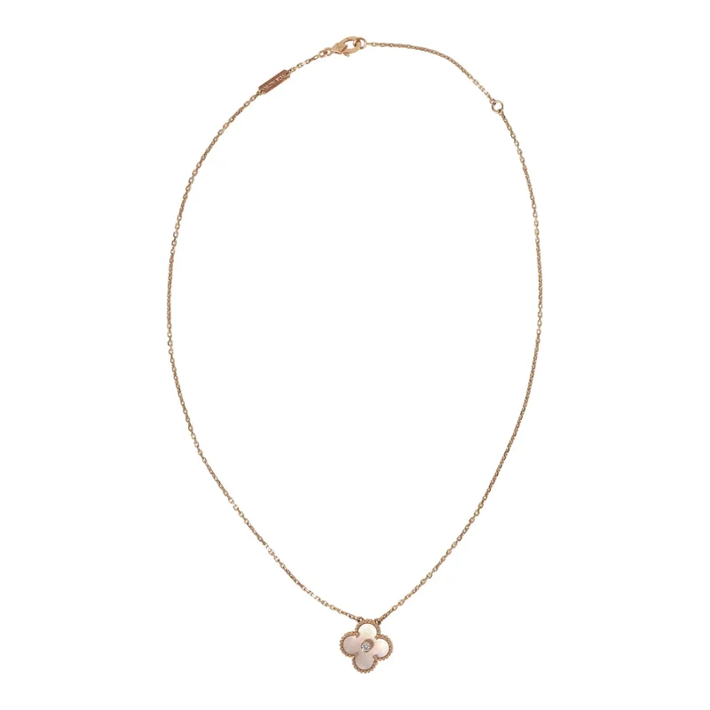 VAN CLEEF & ARPELS 2025 HOLIDAY VINTAGE ALHAMBRA PENDANT NECKLACE PINK MOTHER OF PEARL 18K ROSE GOLD & DIAMONDS