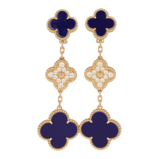 VAN CLEEF & ARPELS "VENDOME" MAGIC ALHAMBRA 3 MOTIF EARRINGS BLUE SEVRES PORCELAIN, DIAMONDS, 18K YELLOW GOLD