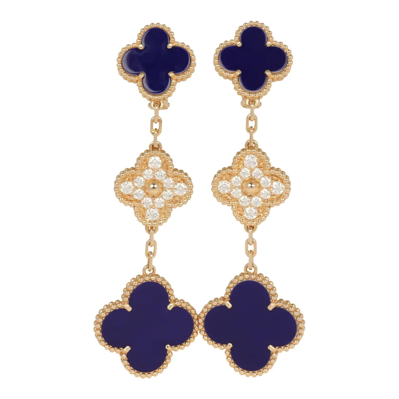 VAN CLEEF & ARPELS "VENDOME" MAGIC ALHAMBRA 3 MOTIF EARRINGS BLUE SEVRES PORCELAIN, DIAMONDS, 18K YELLOW GOLD