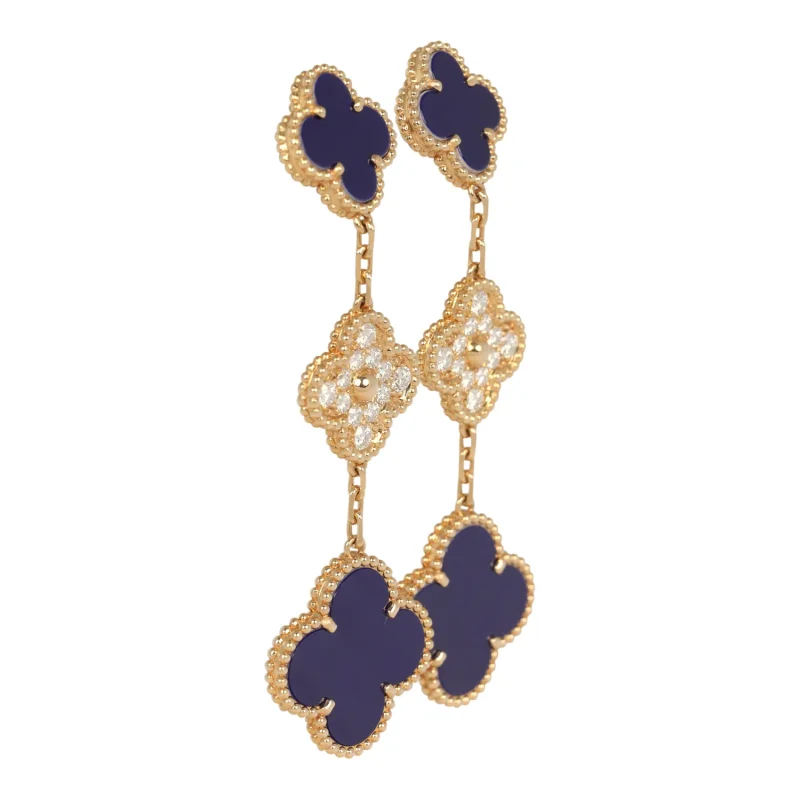 VAN CLEEF & ARPELS "VENDOME" MAGIC ALHAMBRA 3 MOTIF EARRINGS BLUE SEVRES PORCELAIN, DIAMONDS, 18K YELLOW GOLD
