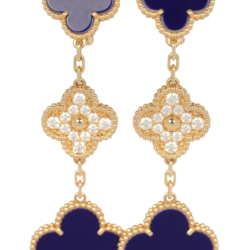 VAN CLEEF & ARPELS "VENDOME" MAGIC ALHAMBRA 3 MOTIF EARRINGS BLUE SEVRES PORCELAIN, DIAMONDS, 18K YELLOW GOLD