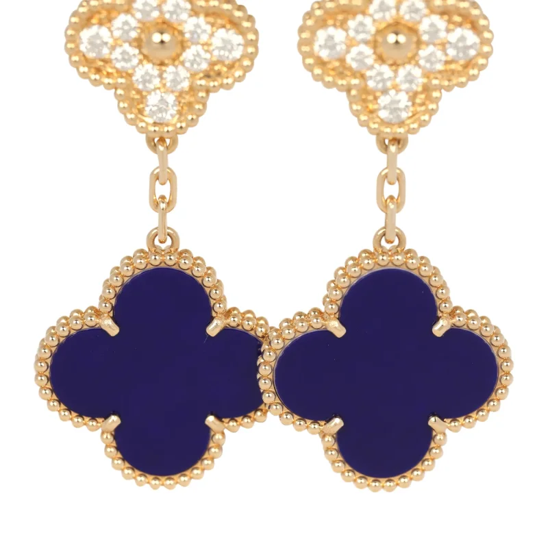 VAN CLEEF & ARPELS "VENDOME" MAGIC ALHAMBRA 3 MOTIF EARRINGS BLUE SEVRES PORCELAIN, DIAMONDS, 18K YELLOW GOLD
