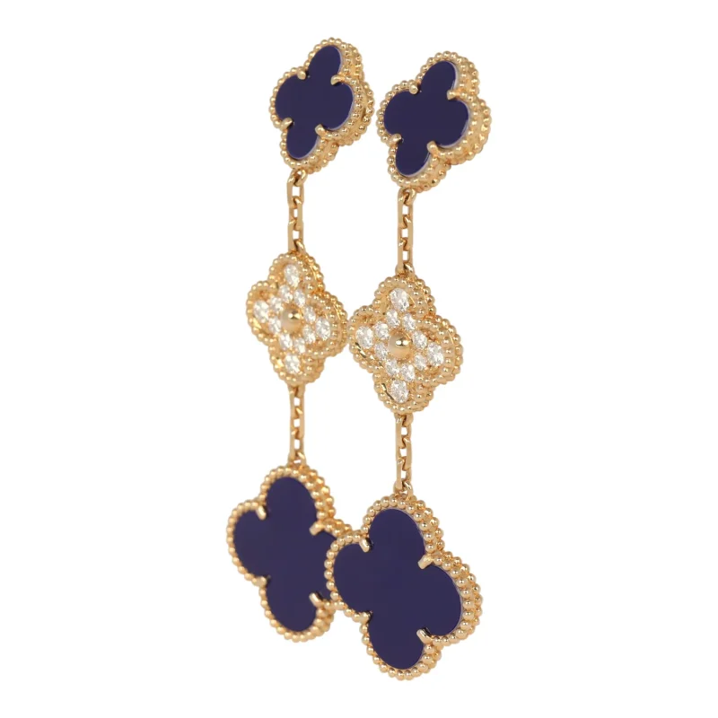 VAN CLEEF & ARPELS "VENDOME" MAGIC ALHAMBRA 3 MOTIF EARRINGS BLUE SEVRES PORCELAIN, DIAMONDS, 18K YELLOW GOLD