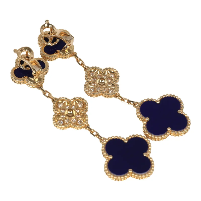 VAN CLEEF & ARPELS "VENDOME" MAGIC ALHAMBRA 3 MOTIF EARRINGS BLUE SEVRES PORCELAIN, DIAMONDS, 18K YELLOW GOLD