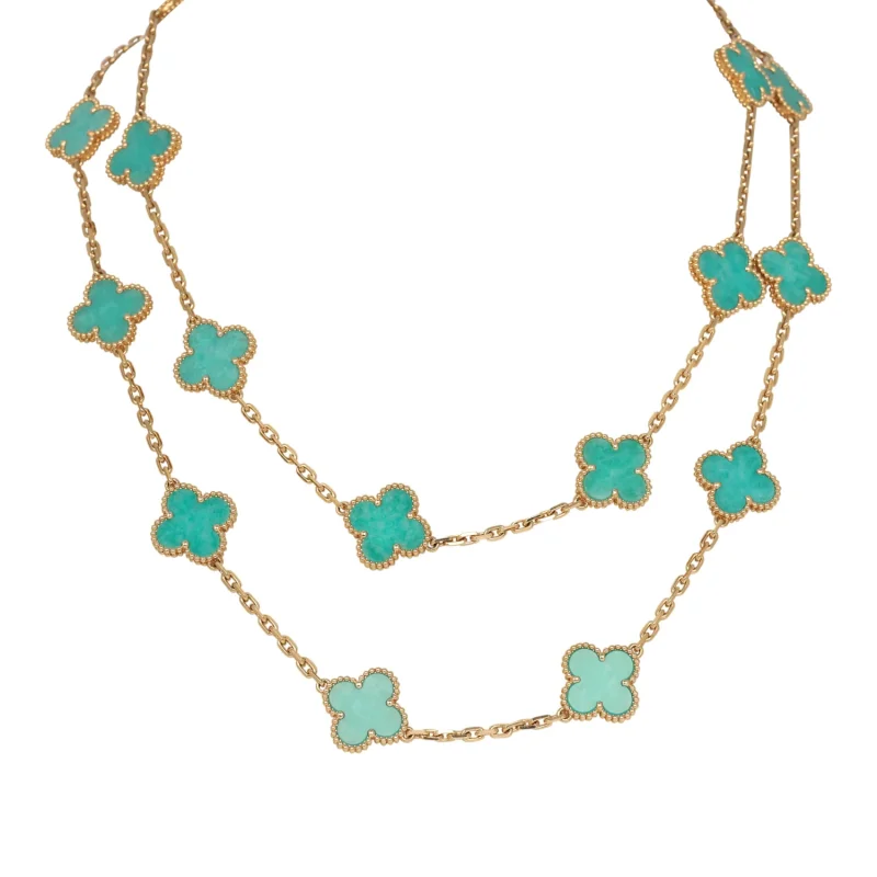 VAN CLEEF & ARPELS VINTAGE ALHAMBRA 20 MOTIF LONG NECKLACE AMAZONITE 18K YELLOW GOLD