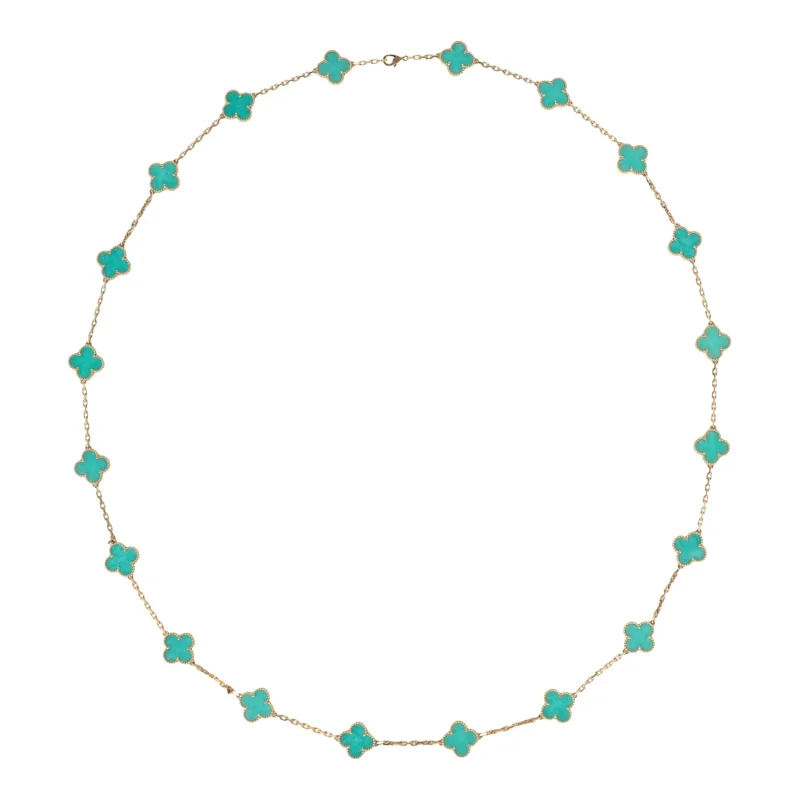 VAN CLEEF & ARPELS VINTAGE ALHAMBRA 20 MOTIF LONG NECKLACE AMAZONITE 18K YELLOW GOLD