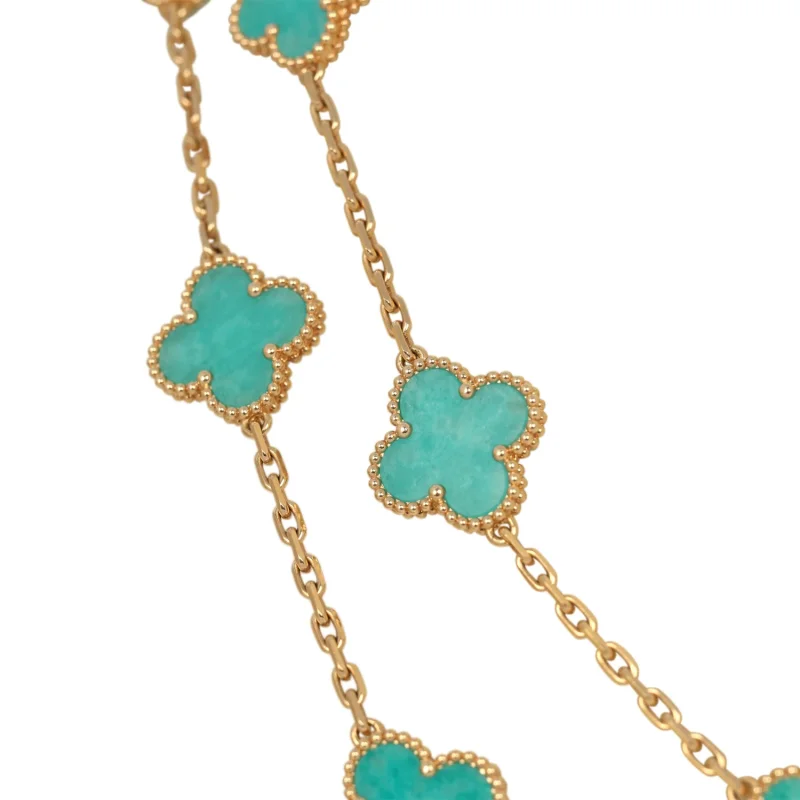 VAN CLEEF & ARPELS VINTAGE ALHAMBRA 20 MOTIF LONG NECKLACE AMAZONITE 18K YELLOW GOLD